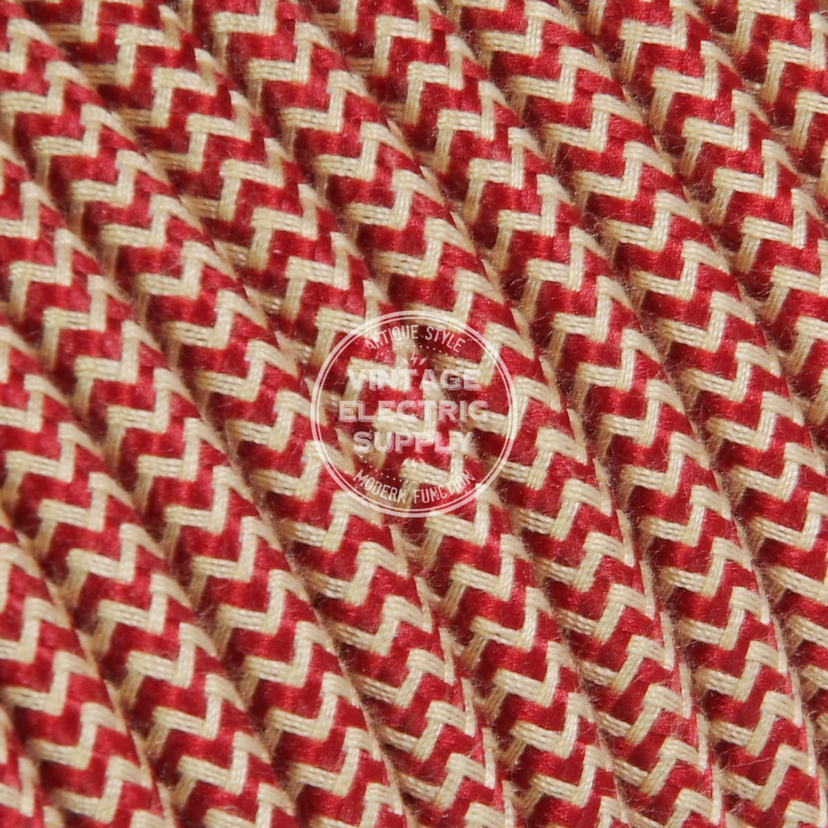 Ivory & Cherry Zigzag Cotton Electric Cable  - Vintage Electric Supply