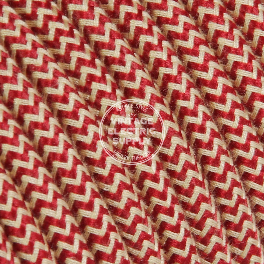 Ivory & Cherry Zigzag Cotton Electric Cable  - Vintage Electric Supply