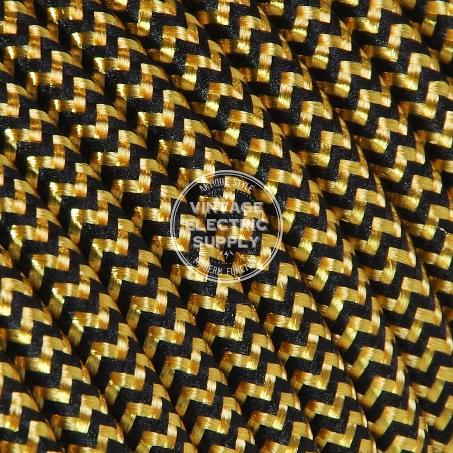 Black & Gold Zigzag Rayon Electric Cable  - Vintage Electric Supply