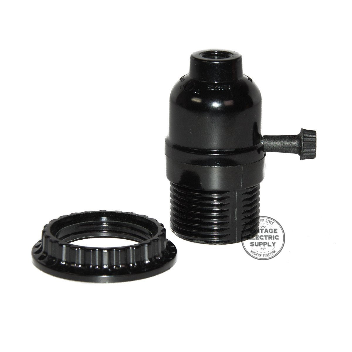 Black Phenolic Socket - Rotary on/off with Screw Ring - Vintage Electric Supply