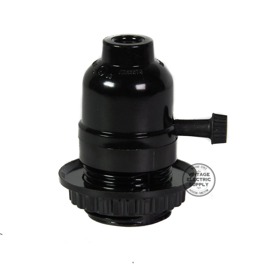 Black Phenolic Socket - Rotary on/off with Screw Ring - Vintage Electric Supply