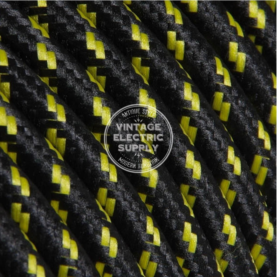 Black w/ White Cross-Stitch Tracer Round Cloth Covered 3-Wire Cord, Cotton  - PER FOOT