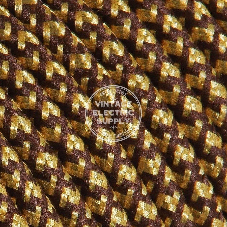 Brown & Gold Cross Stitch Rayon Electric Cable  - Vintage Electric Supply