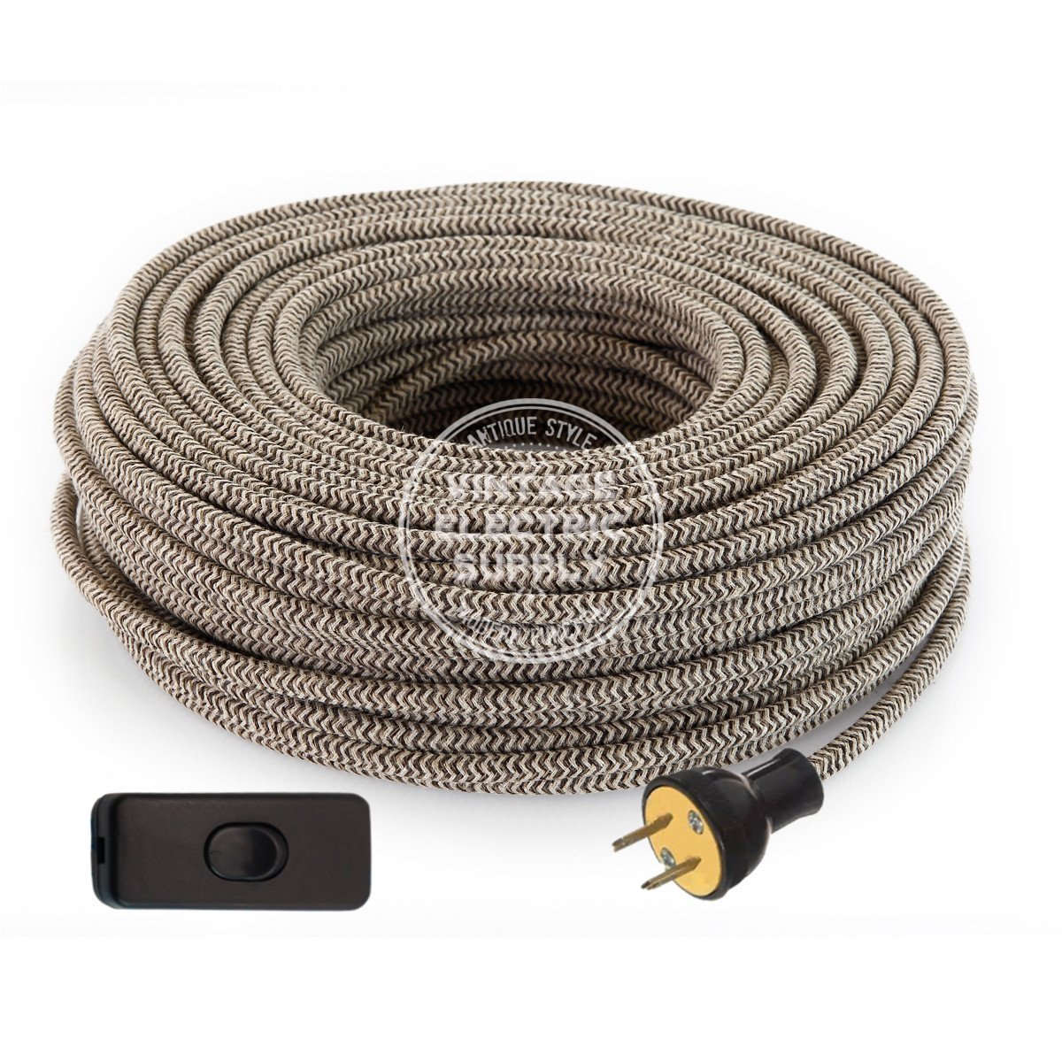 Canvas & Brown Zigzag Linen Re-Wire Kit with Switch - Vintage Electric Supply