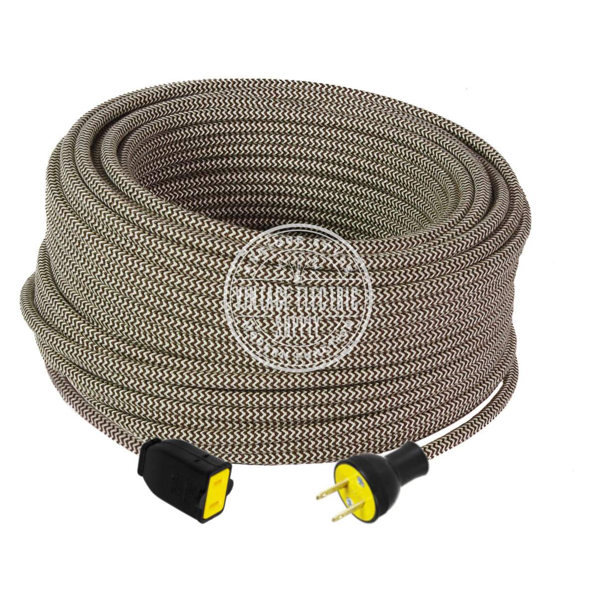 Ivory Brown Zigzag Cotton Extension Cord - Vintage Electric Supply