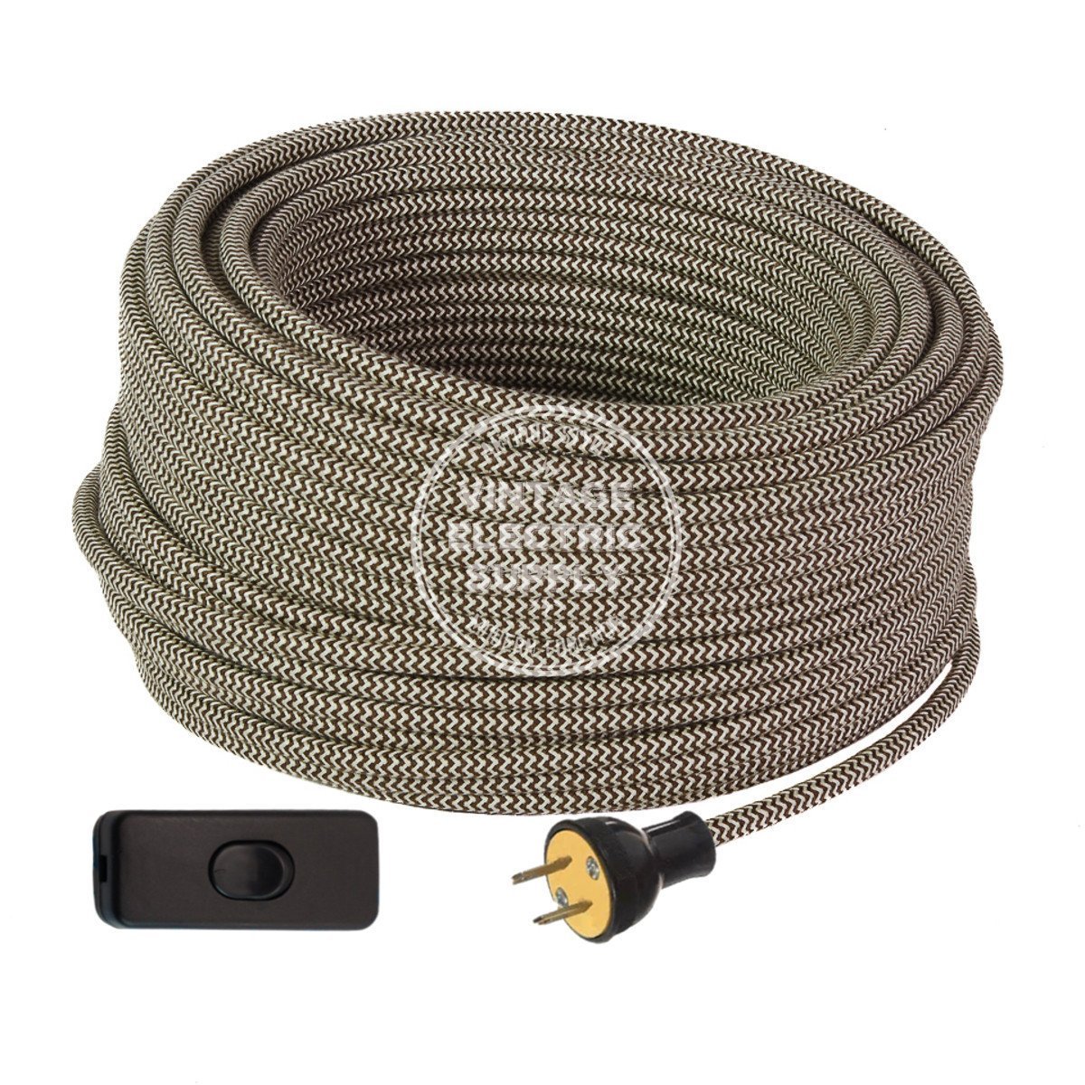 Ivory & Brown Zigzag Cotton Industrial Re-Wire Kit with Switch - Vintage Electric Supply