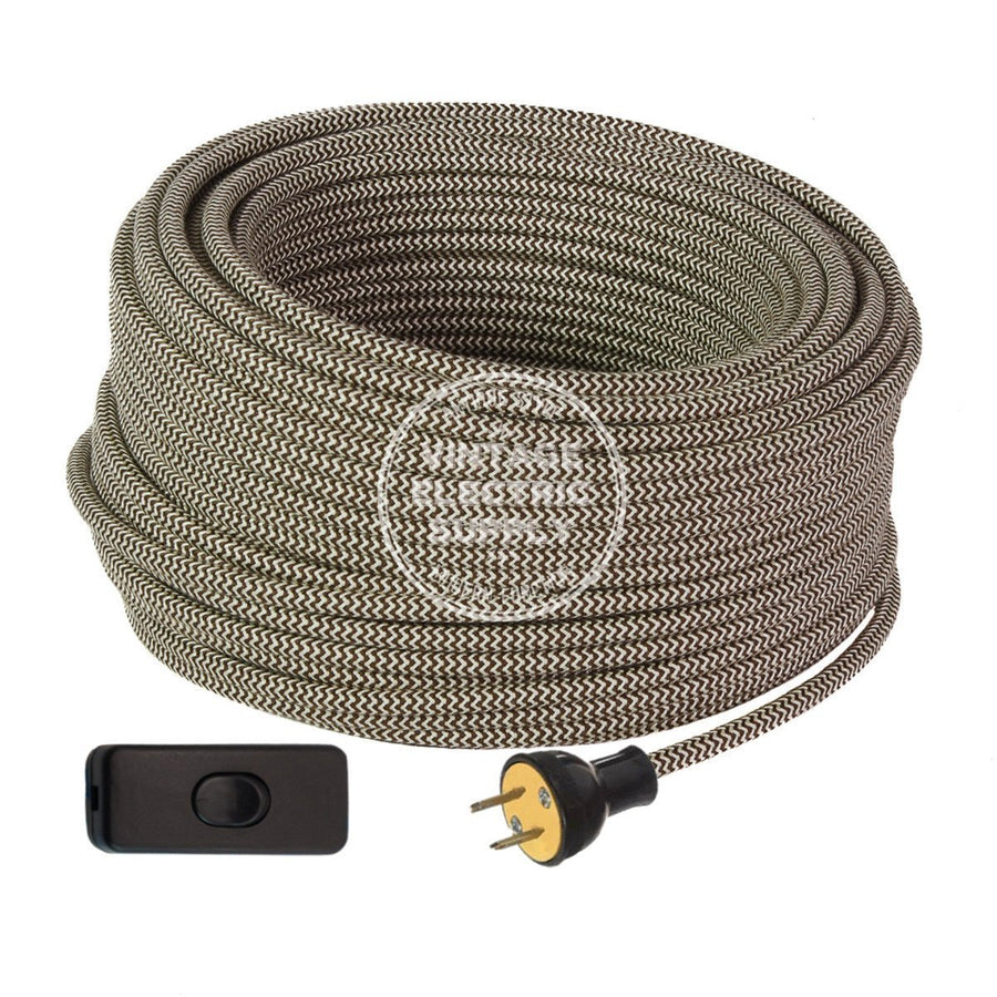 Ivory & Brown Zigzag Cotton Industrial Re-Wire Kit with Switch - Vintage Electric Supply