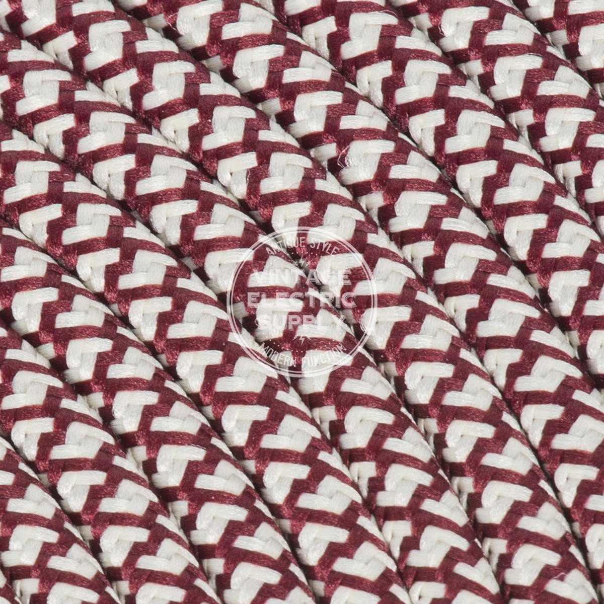 Ivory & Burgundy Cross Stitch Rayon Electric Cable  - Vintage Electric Supply