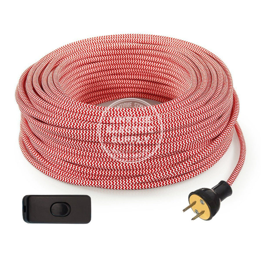 Red & White Zigzag Rayon Re-Wire Kit with Switch - Vintage Electric Supply